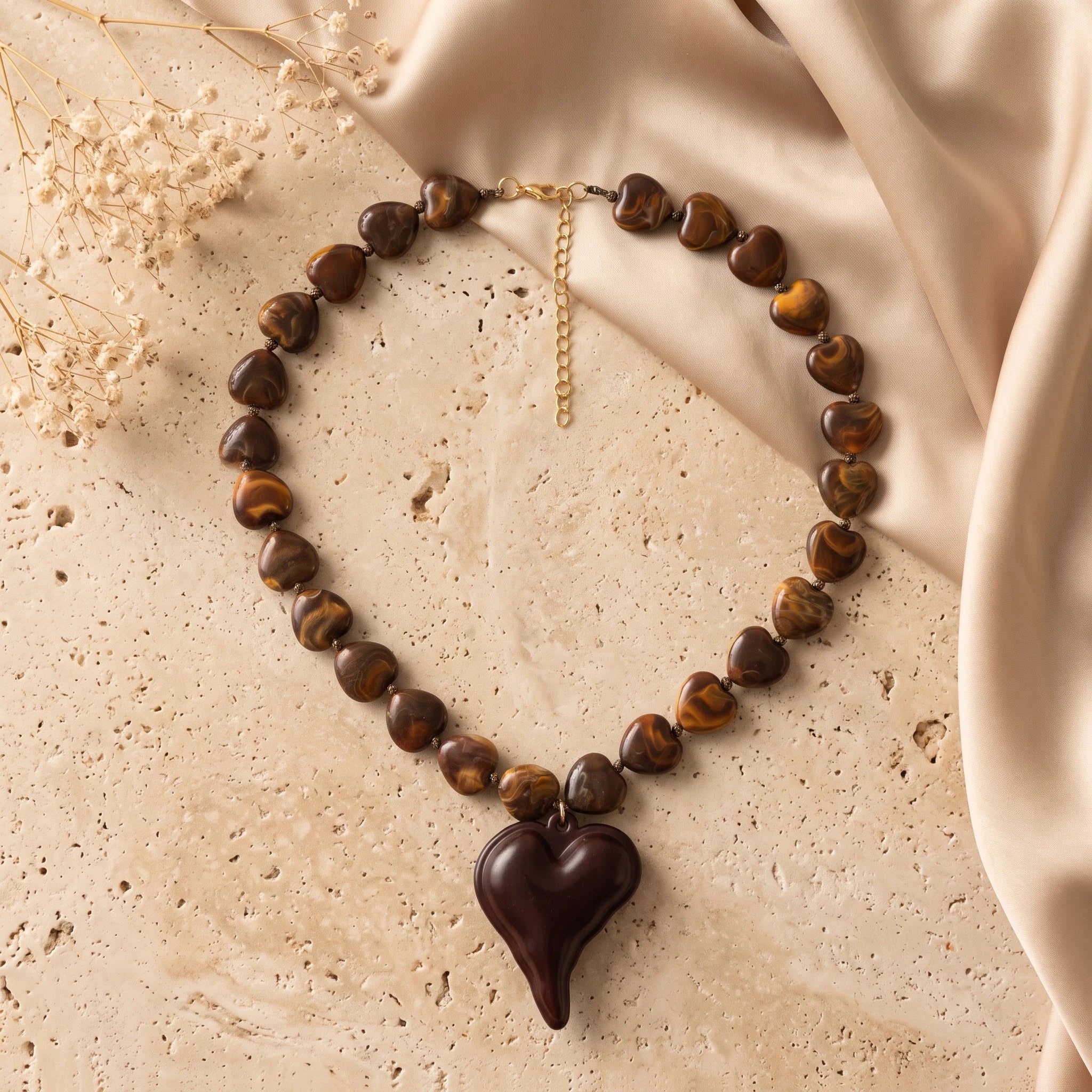Obega Vintage Brown Heart Pendant Necklace — Boho Tiger Stripe Beaded Choker