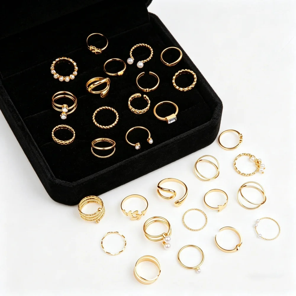 Vintage Bohemian Ring Set — Heart and Leaf Design Jewelry for Women