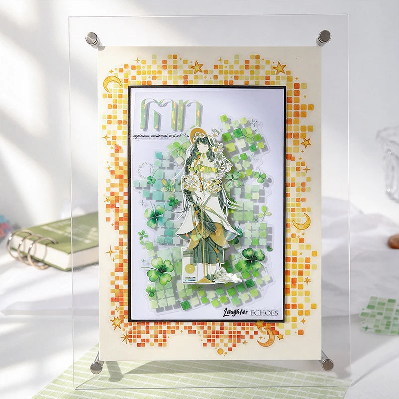Watercolor Mosaic Grid PET Stickers — Decorative Scrapbooking & Collage Set