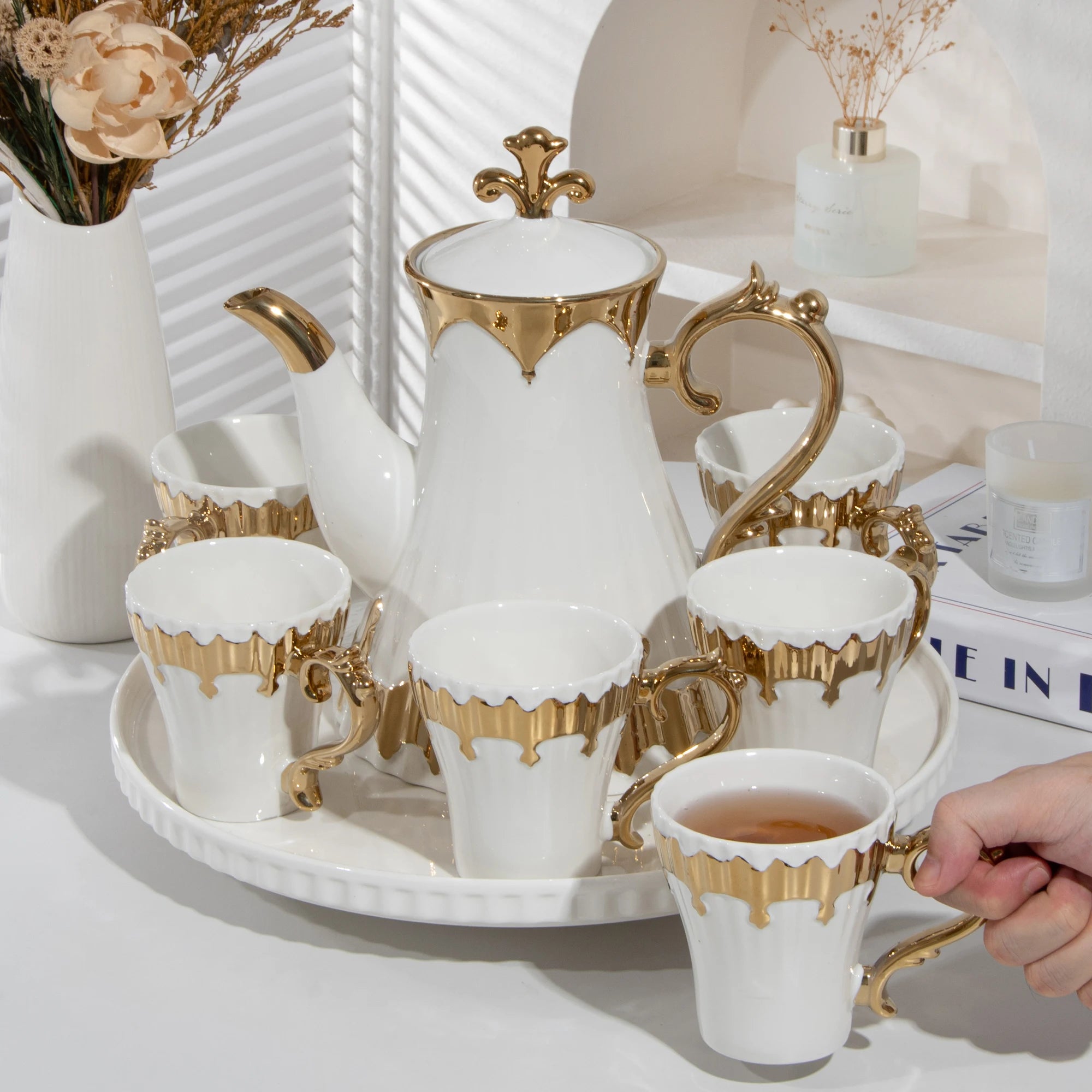 Luxury Porcelain Tea Set — Gilded Ceramic Teapot with 6 Cups and Tray