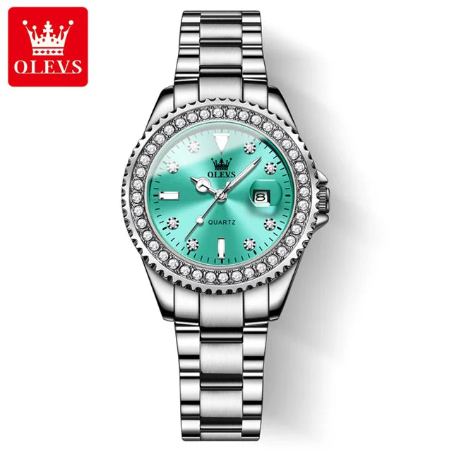 OLEVS Diamond Dial Quartz Watch — Elegant Stainless Steel Ladies Wristwatch