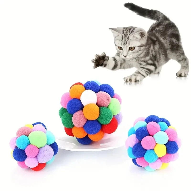 Colorful Cat Toy Ball Set — Interactive Plush and Bell Toys for Pets