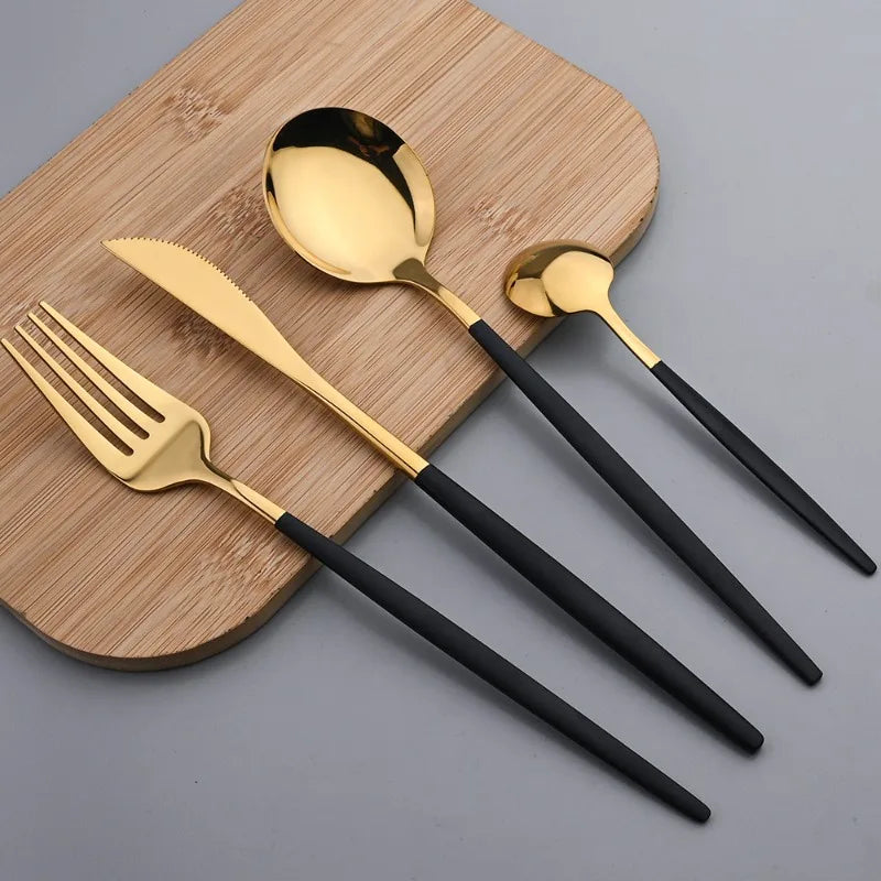 30-Piece Stainless Steel Cutlery Set — Elegant Black and Gold Flatware