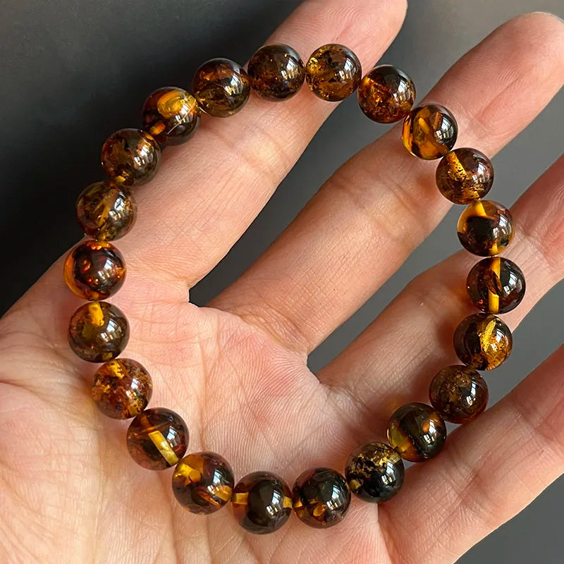 Yoowei Natural Baltic Amber Bracelet — Round Piebald Gemstone Jewelry