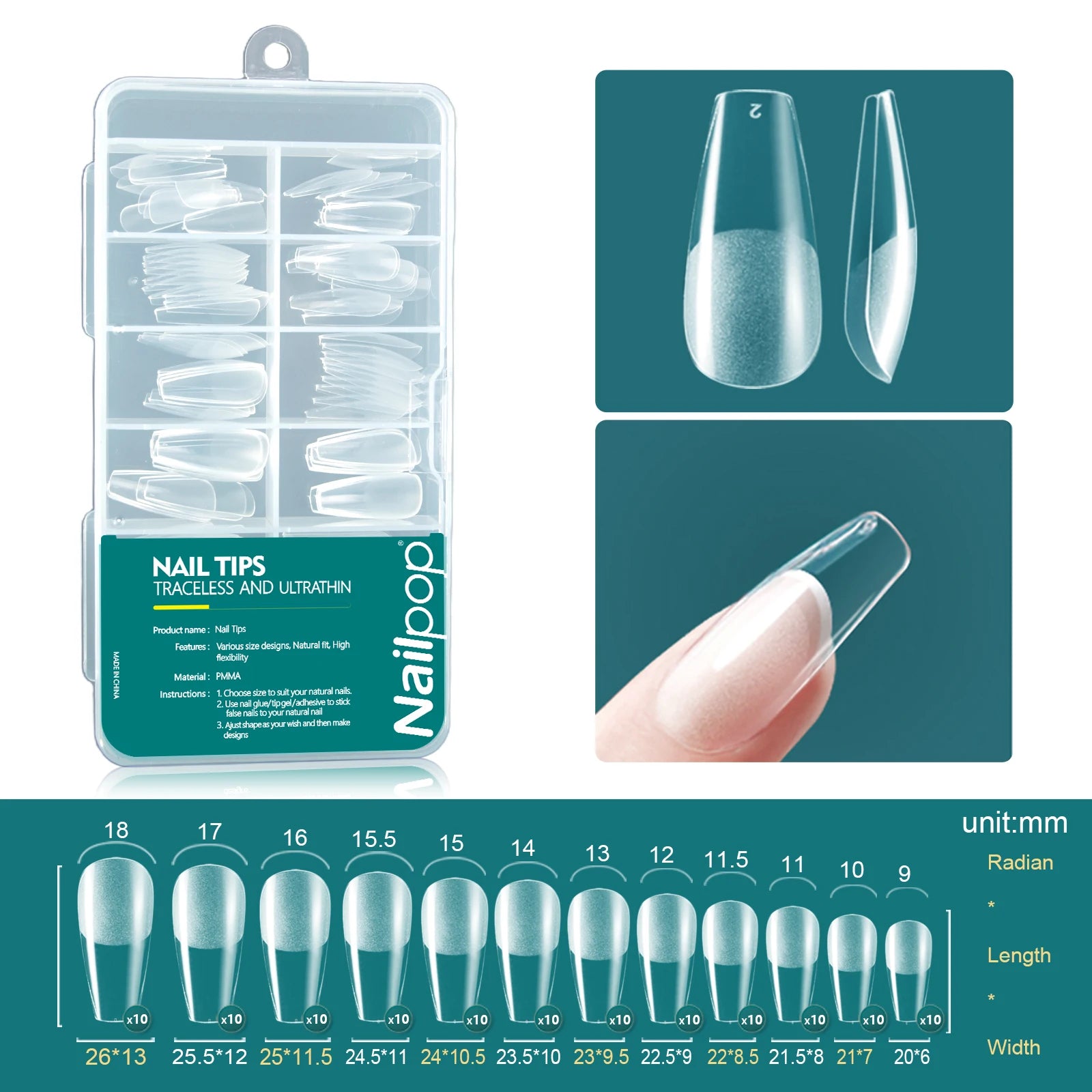 Nailpop Clear Acrylic False Nail Tips — Professional Full Cover Extensions