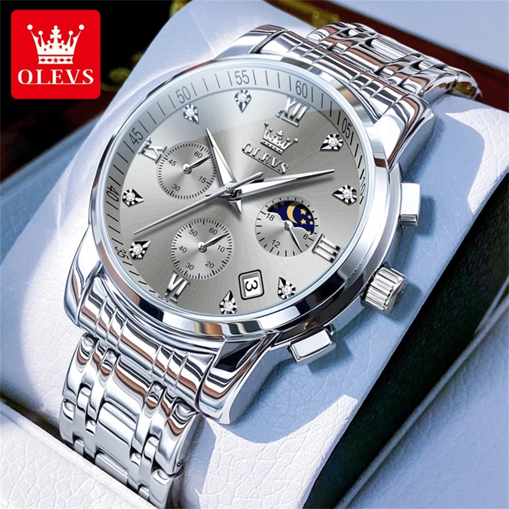 OLEVS 2858 Men's Luxury Watch — Stainless Steel Moon Phase Chronograph