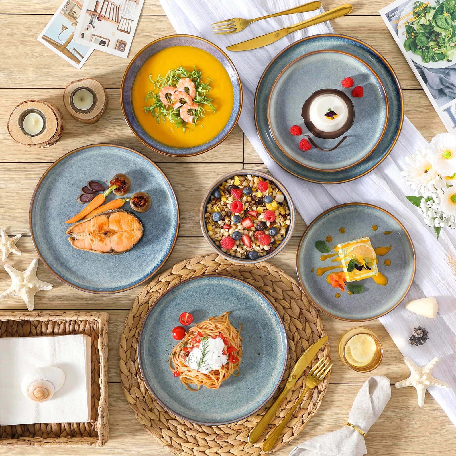 MALACASA Reactive Glaze Stoneware Dinnerware Set — Unique Grey-Blue Ceramic Plates