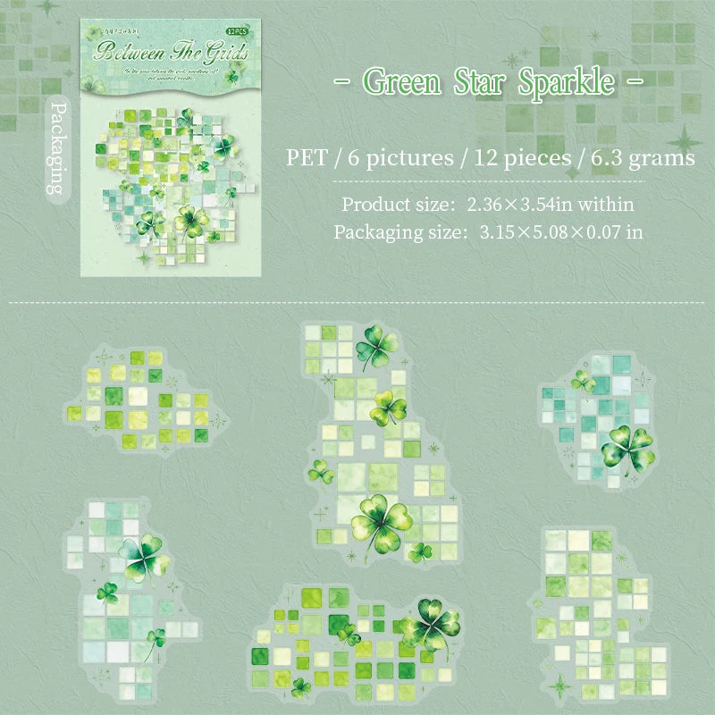 Watercolor Mosaic Grid PET Stickers — Decorative Scrapbooking & Collage Set