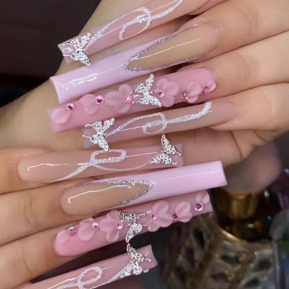 Ultra Long Coffin Press On Nails — 3D Butterfly & Floral Design, 24 Pieces