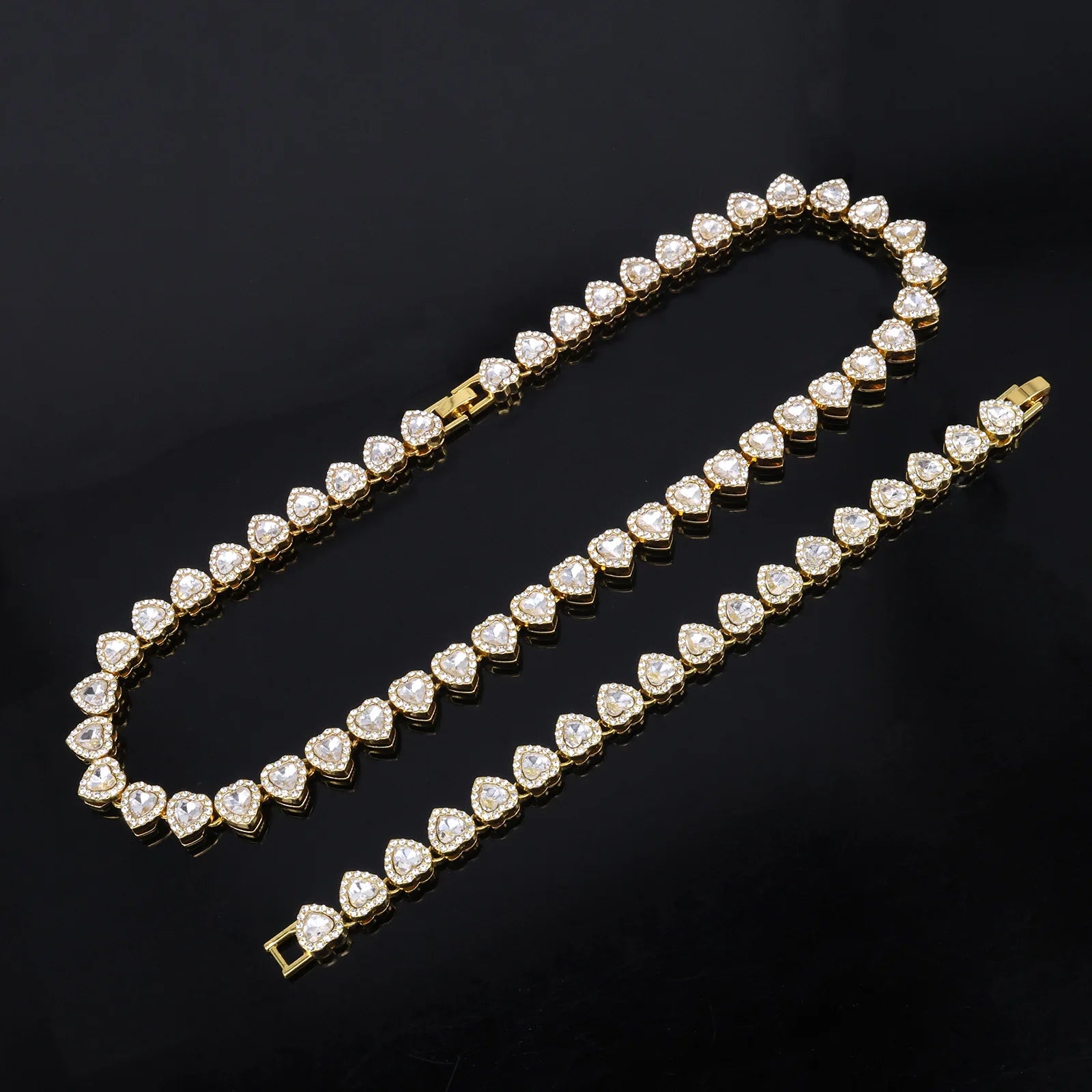 Hip Hop Rhinestone Heart Jewelry Set — Tennis Chain Necklace and Bracelet
