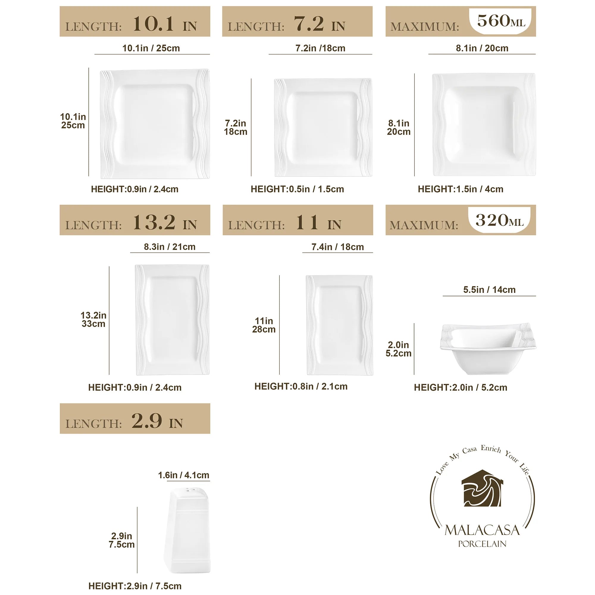 MALACASA 28-Piece Square Porcelain Dinnerware Set — Elegant White Ceramic Tableware