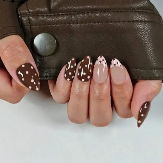Handmade Short Almond Press On Nails — Glossy Polka Dot Design