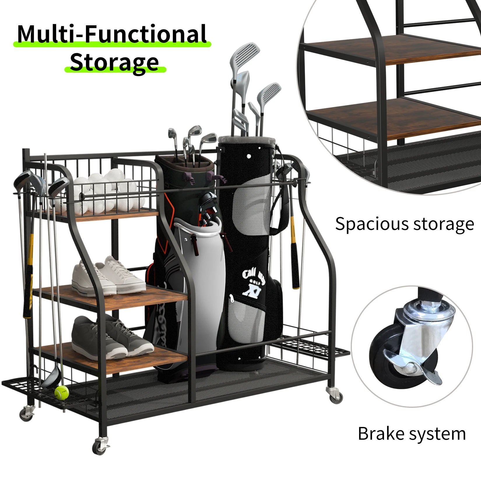 Multifunctional Rolling Golf Bag Organizer — Metal Sports Equipment Storage Rack
