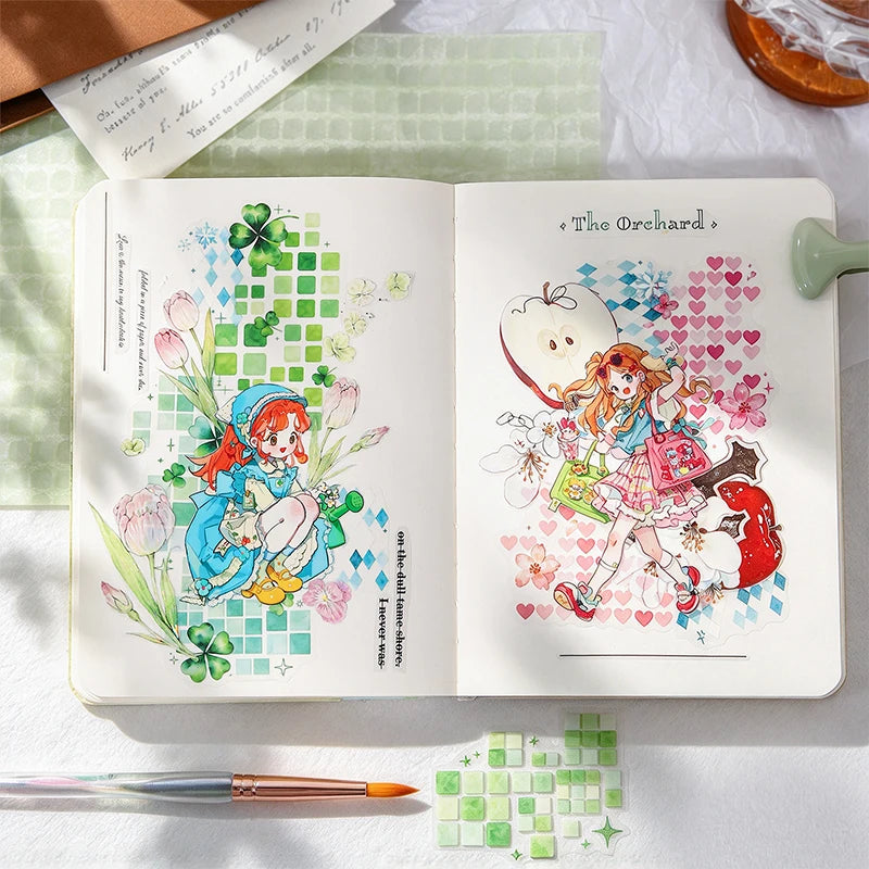 Watercolor Mosaic Grid PET Stickers — Decorative Scrapbooking & Collage Set