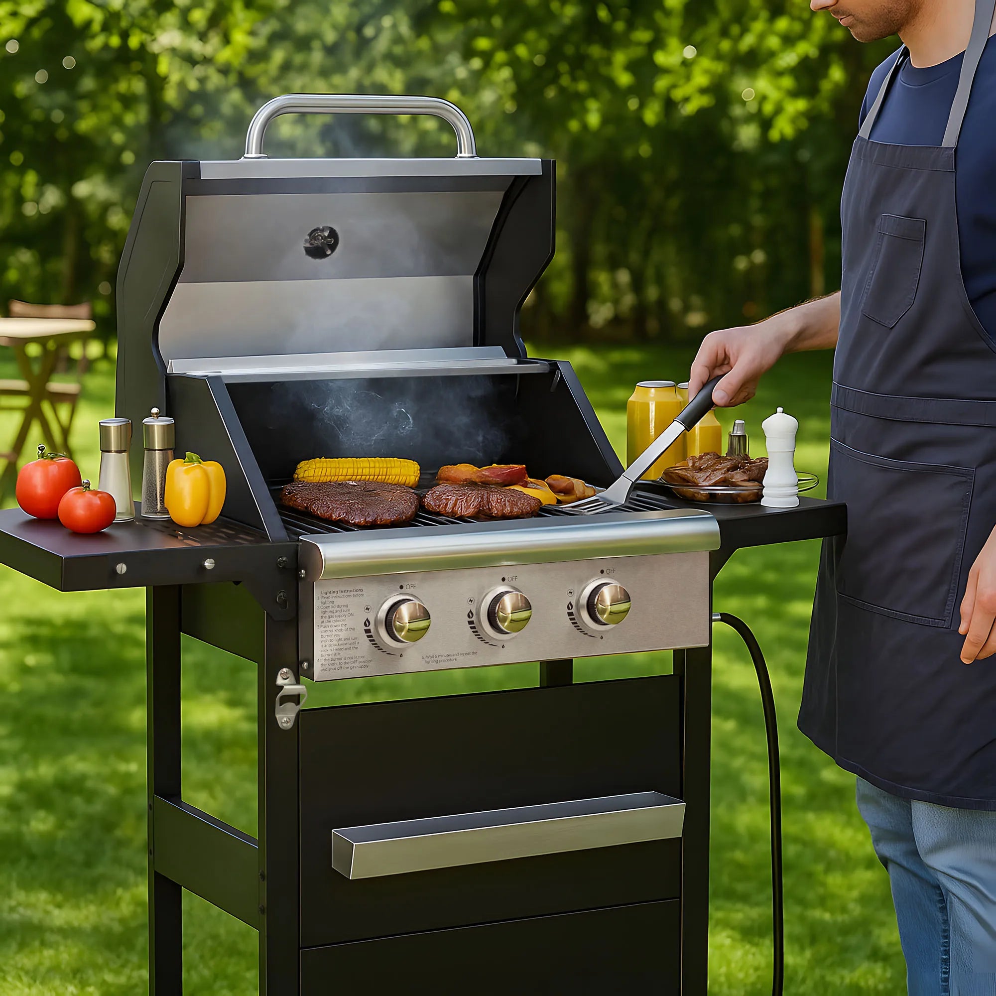Stainless Steel 3-Burner Propane Grill — Compact Outdoor Gas Barbecue