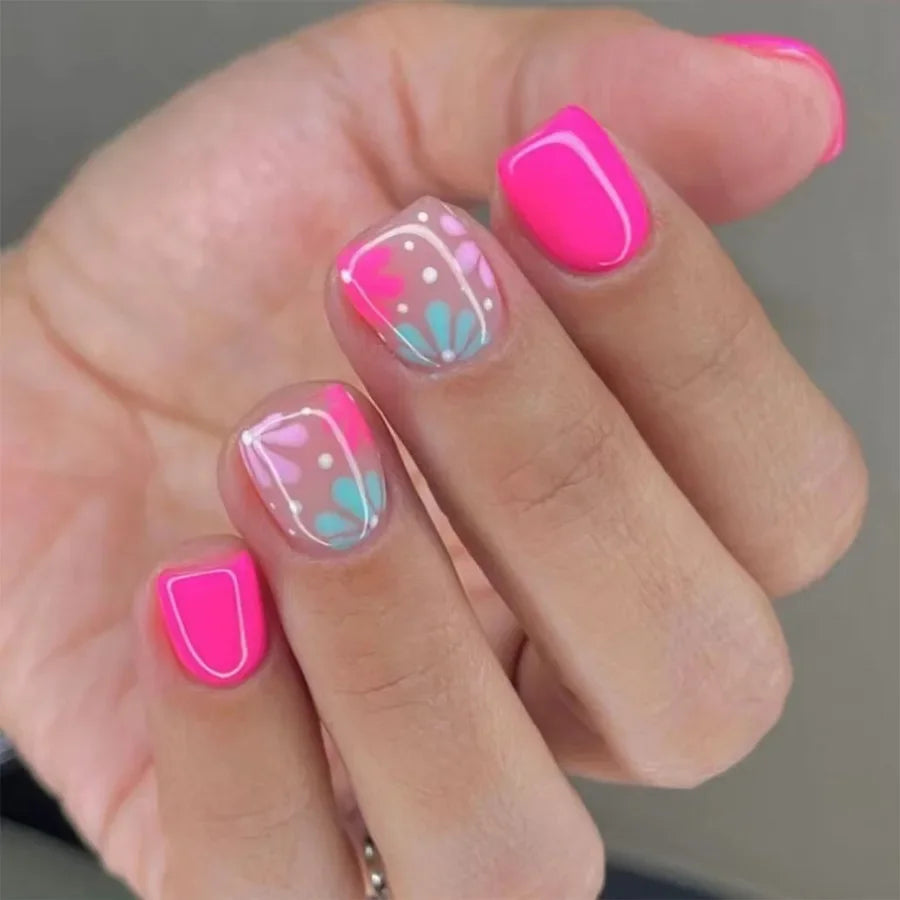 Pink Floral Press-On Nails — Short Almond French Tip Fake Nail Set