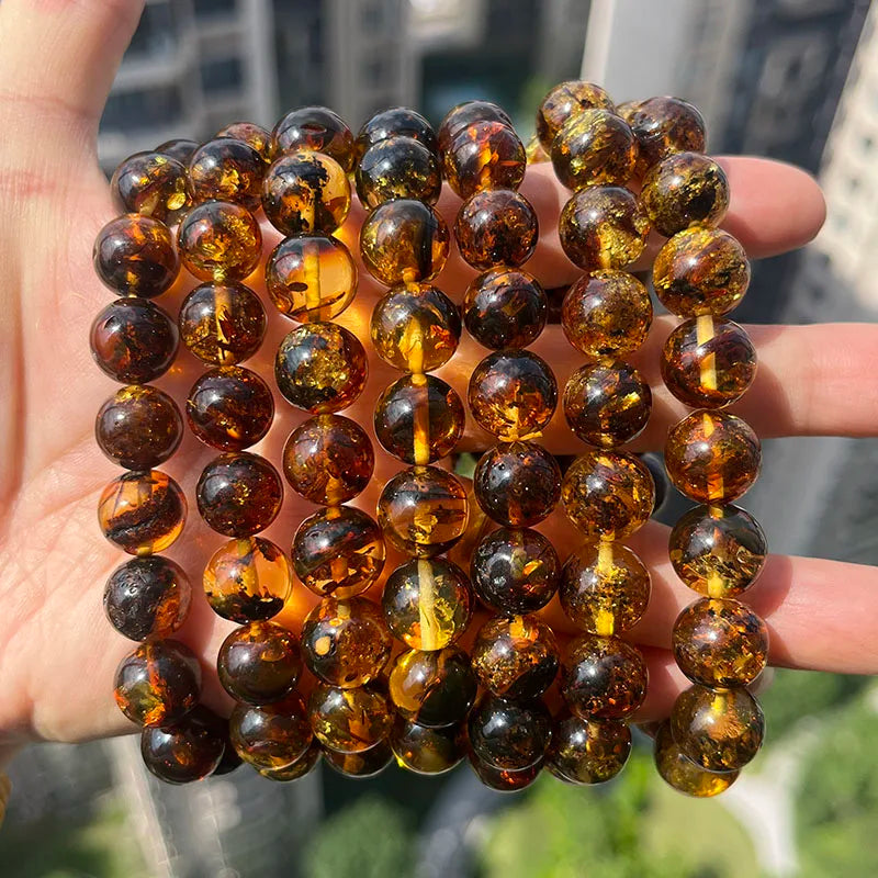 Yoowei Natural Baltic Amber Bracelet — Round Piebald Gemstone Jewelry
