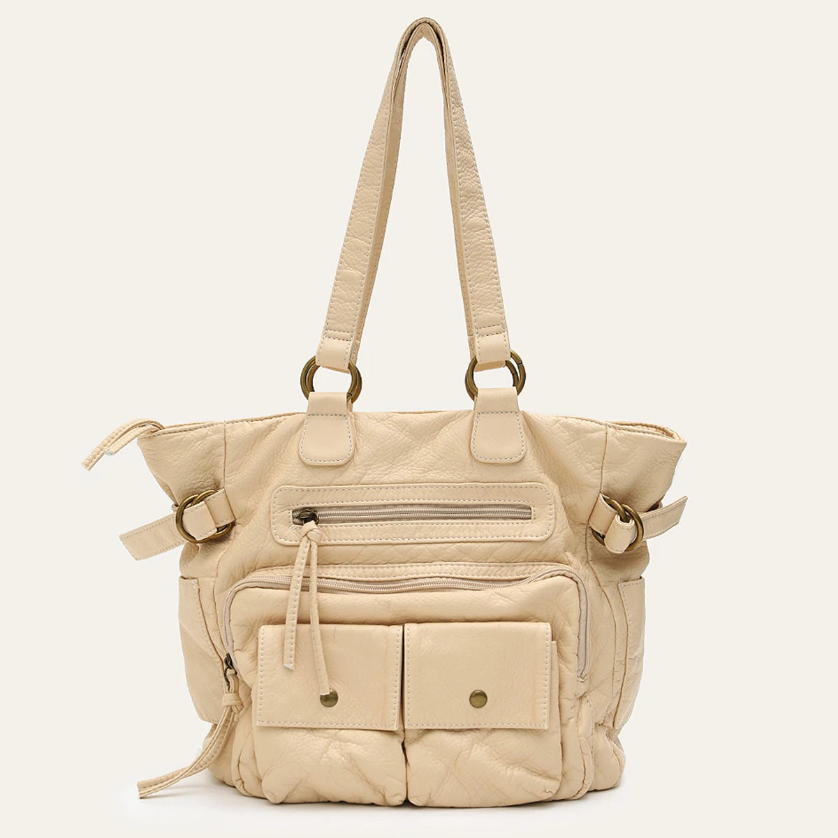 CEZIRA Retro Washed Vegan Leather Tote — Multi-Pocket Shoulder Bag