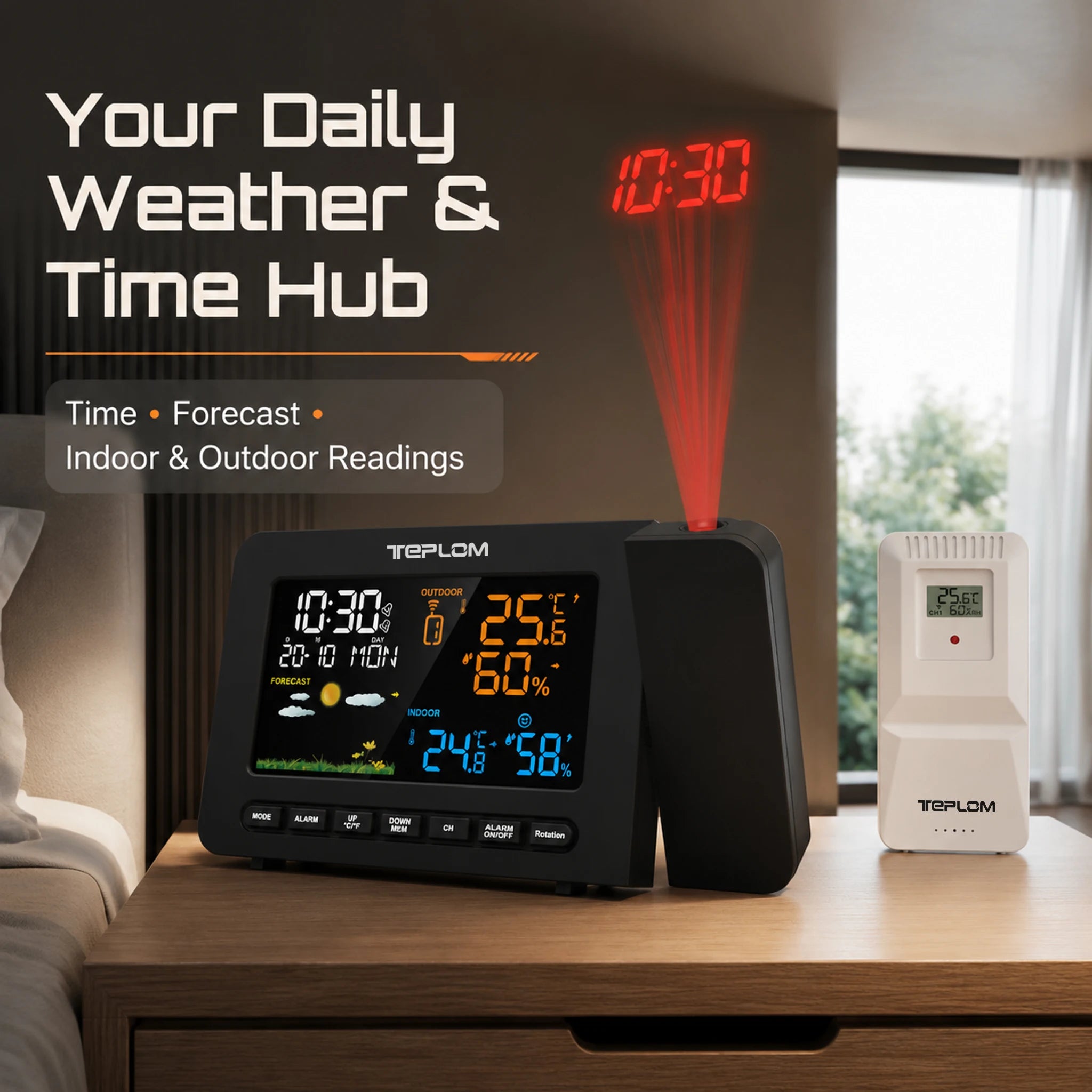 teplom Digital Weather Station — Projector Clock with Temperature & Humidity