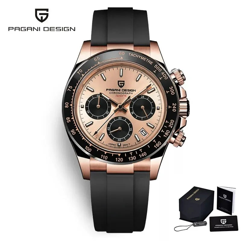 PAGANI DESIGN Luxury Chronograph Watch — Rose Gold Stainless Steel Sport Wristwatch
