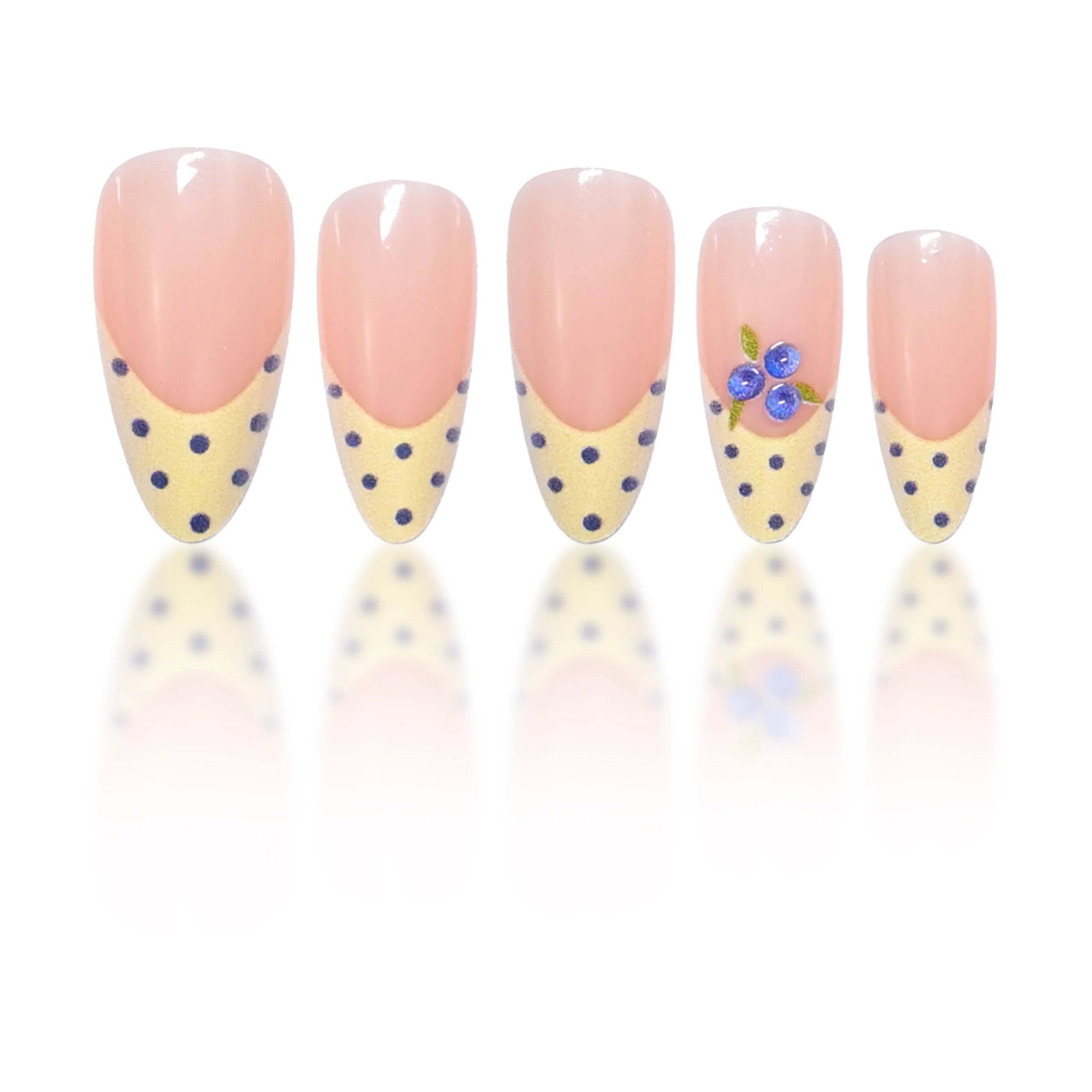 Almond Press-On Nails — Yellow Polka Dot & Blue Berry Design, 24pcs