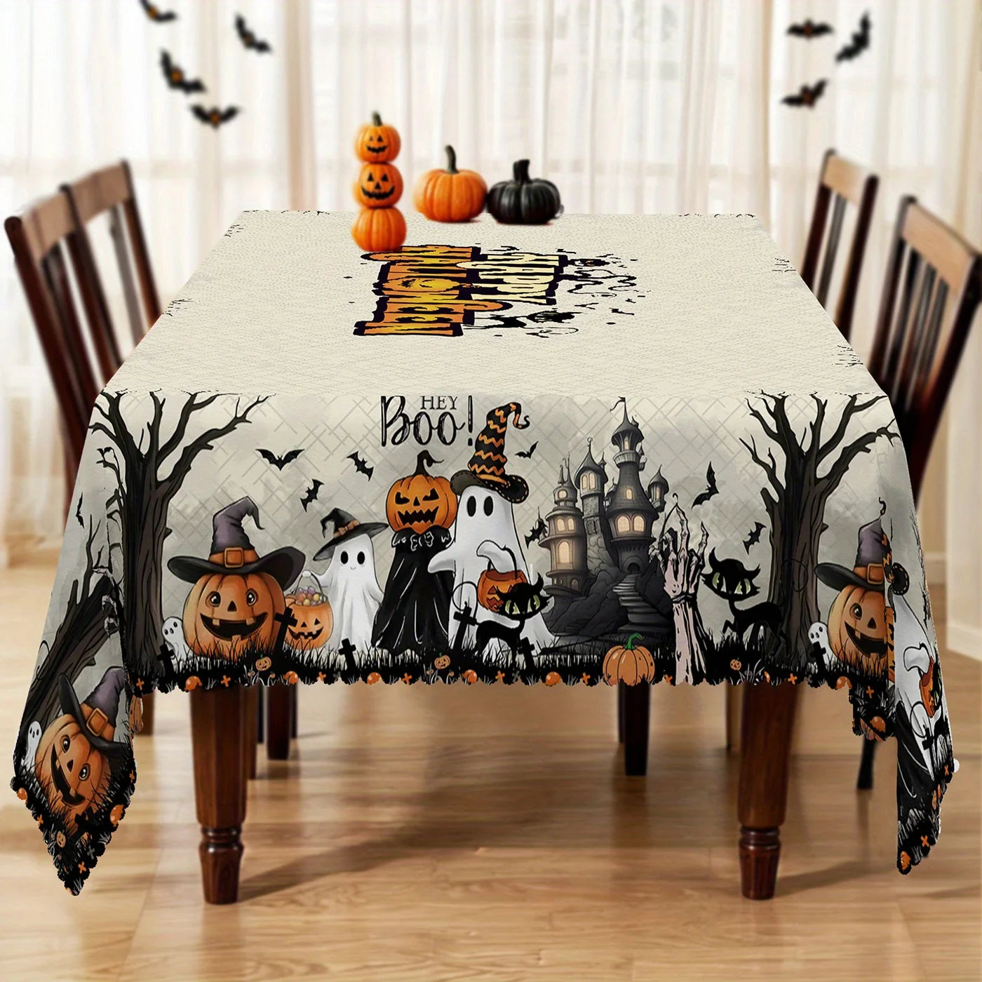 Spooky Halloween Ghost and Black Cat Tablecloth — Waterproof Reusable Decor