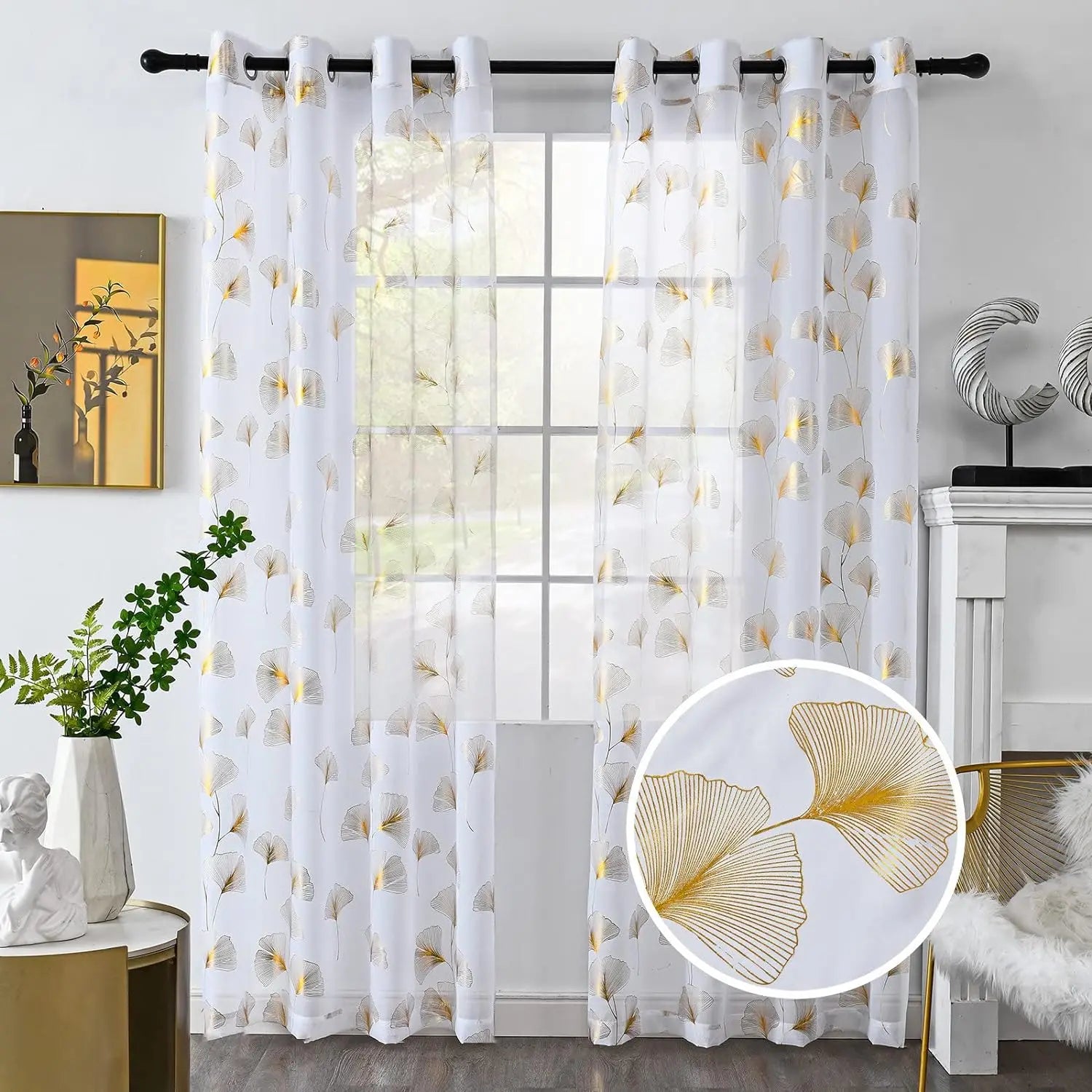 Gold Foil Leaf Print Sheer Voile Curtains — Luxury Metallic Window Drapes