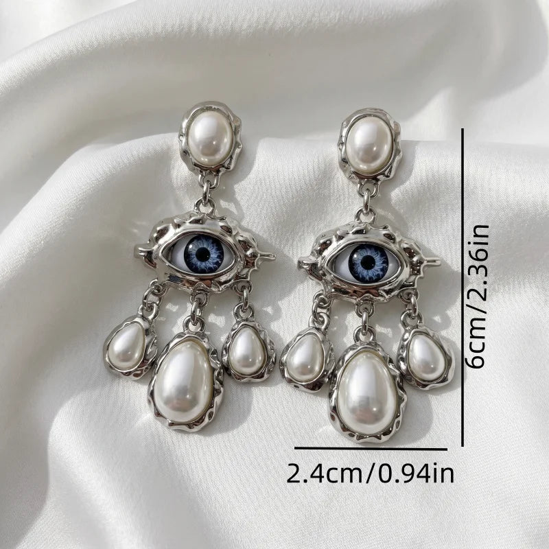 Obega Gothic Evil Eye Dangle Earrings — Ornate Pearl Tassel Jewelry