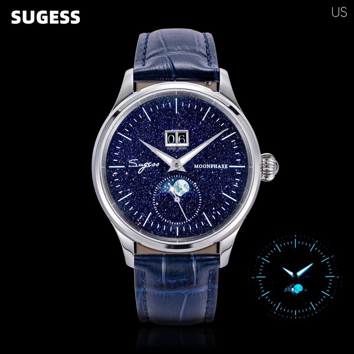 SUGESS Men's Moonphase Watch — Automatic Mechanical Blue Sandstone Dial
