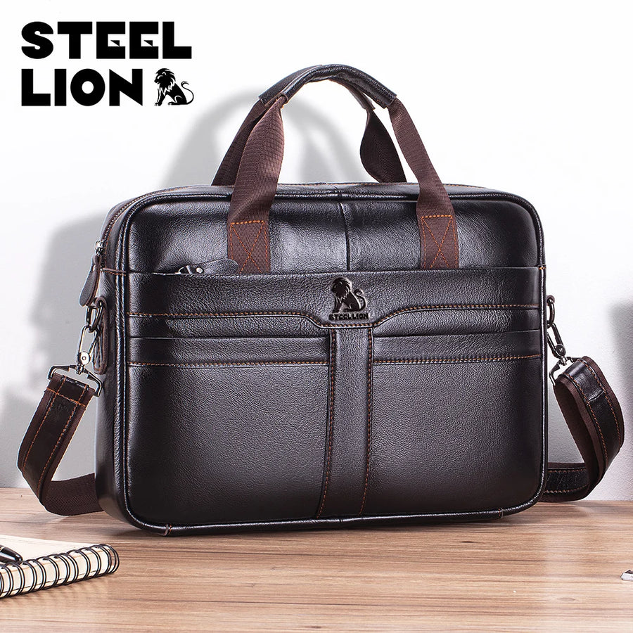 LAOSHIZI Leather Men's Briefcase — Large Capacity Business Office Bag