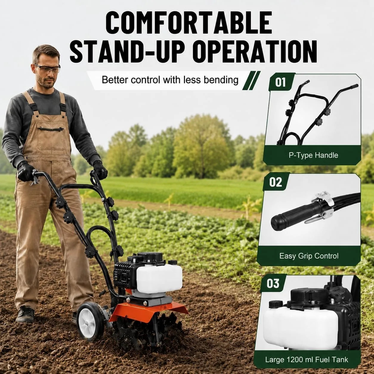 Gas Powered Garden Tiller — 52CC 2-Stroke Engine Soil Cultivator