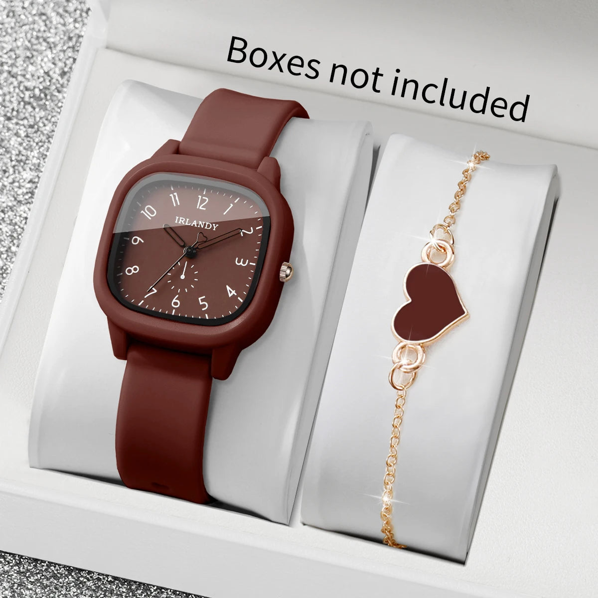 Women's Quartz Watch and Heart Bracelet Set — Square Dial with Silicone Strap