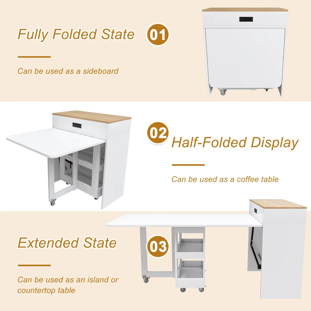 Orraves Extendable Dining Table — Space-Saving Kitchen Island with Power Socket