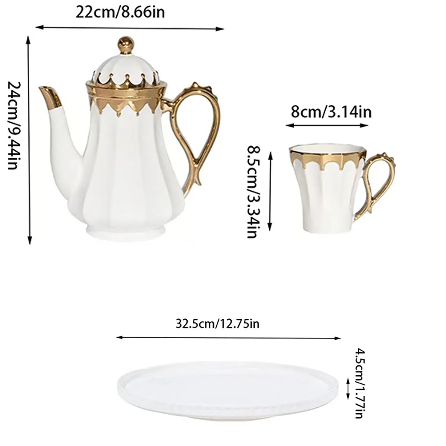 Luxury Porcelain Tea Set — Gilded Ceramic Teapot with 6 Cups and Tray