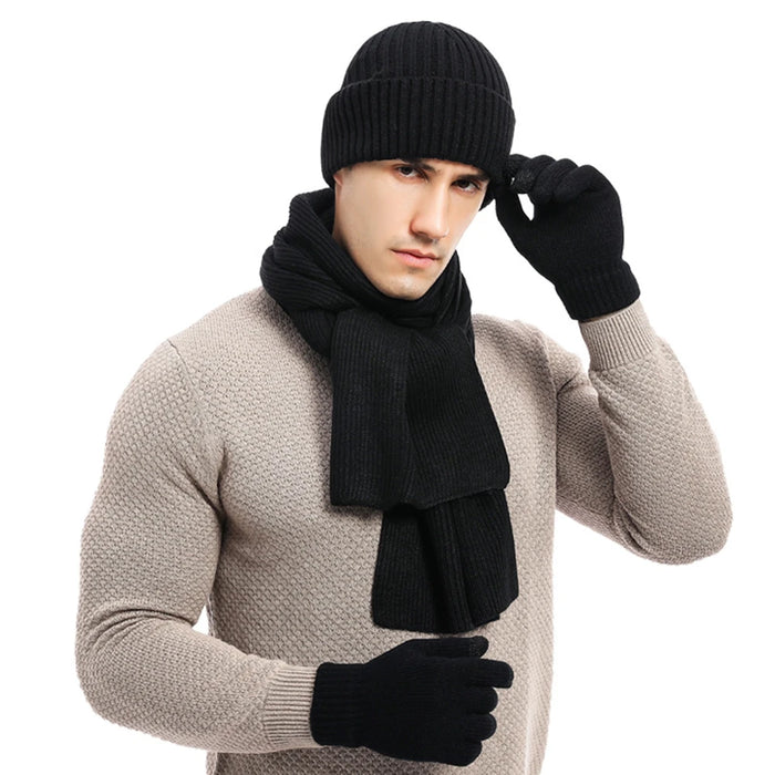 Kinelue Men's Winter Warmth Set — Knitted Beanie, Scarf & Touchscreen Gloves