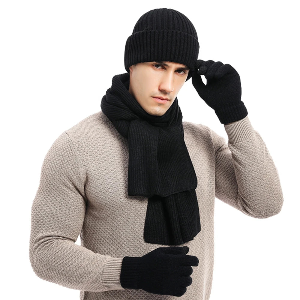 Kinelue Men's Winter Warmth Set — Knitted Beanie, Scarf & Touchscreen Gloves