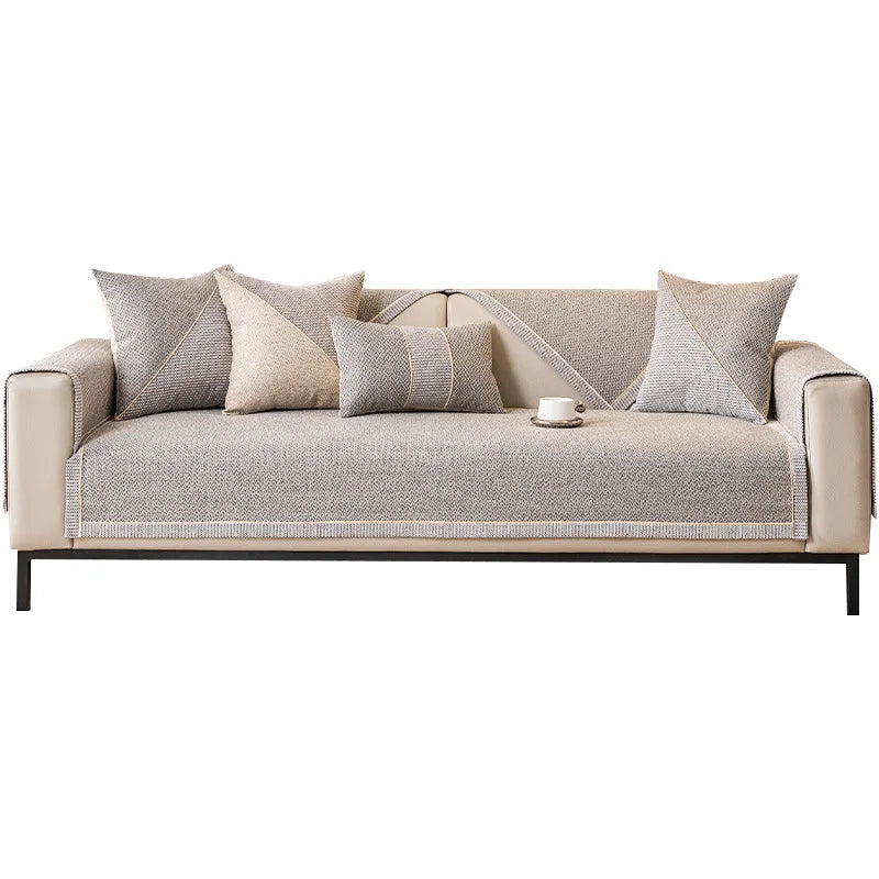 Woven Cotton and Linen Sofa Cover — Non-Slip All-Season Cushion Protector