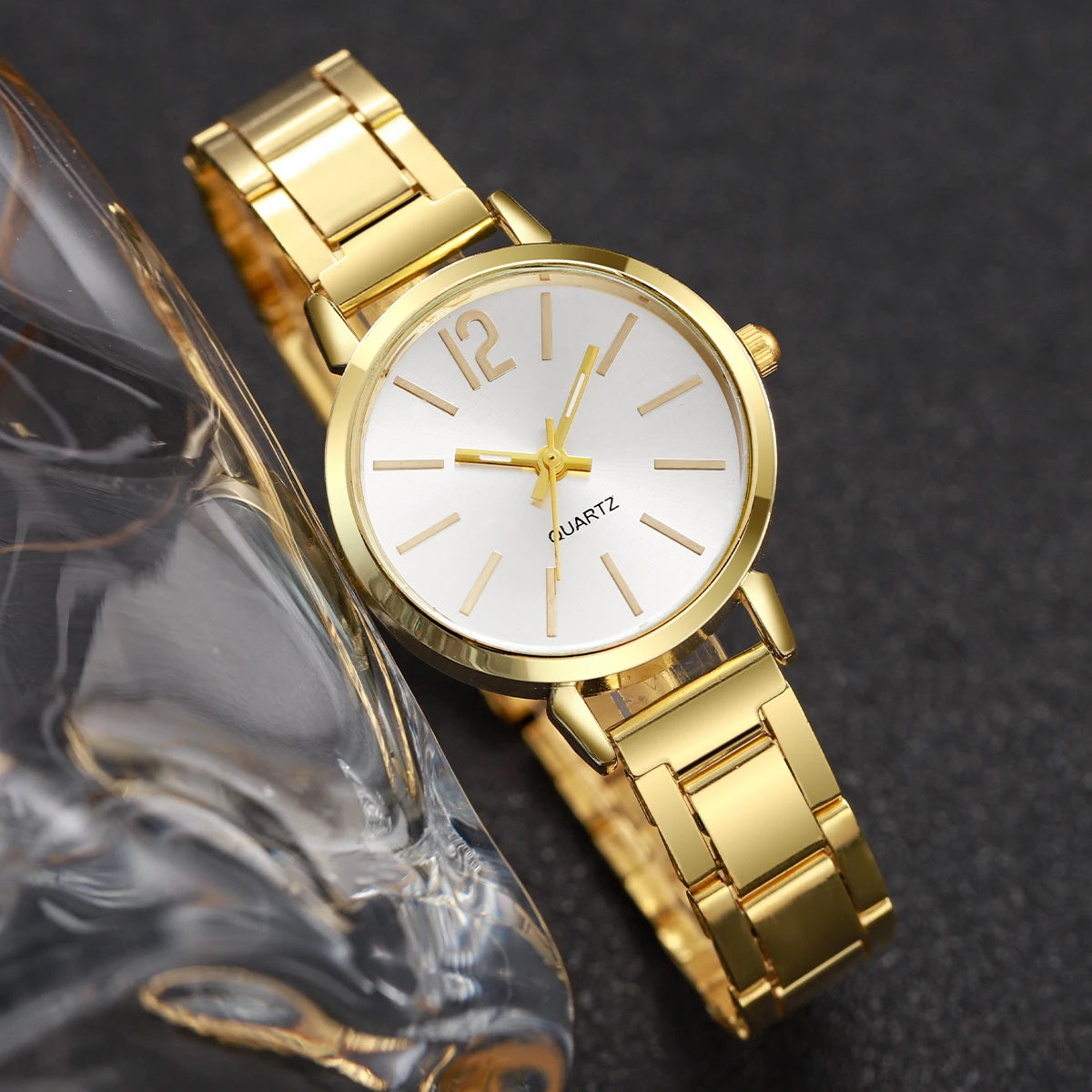 Women's Quartz Watch and Cuff Bracelet Set — Elegant Gold Steel Jewelry Duo