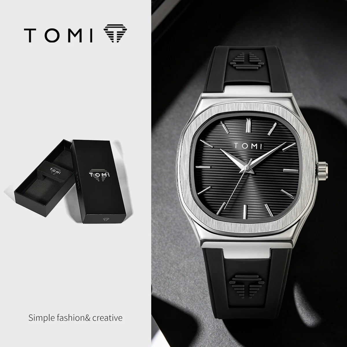 TOMI Men's Quartz Watch — Luxury Square Dial with Rubber Strap