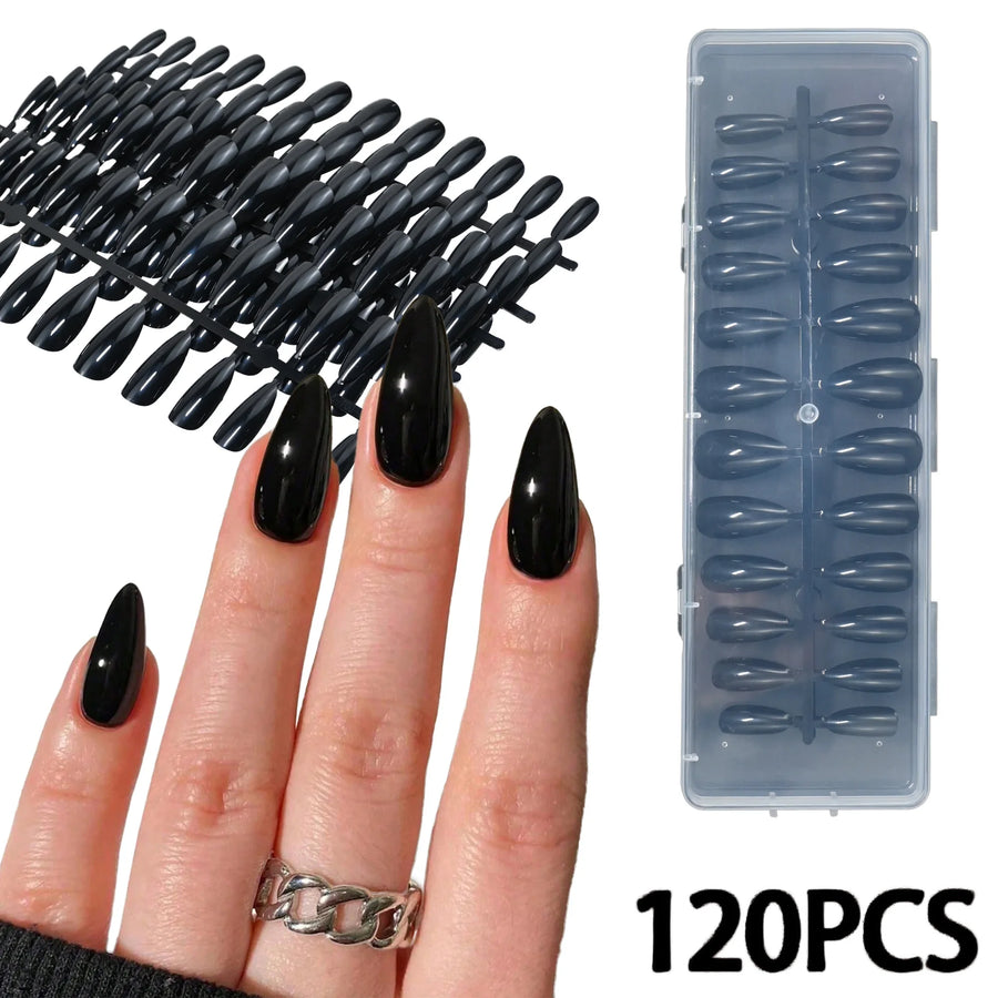 Black Almond French Press-On Nails — Glossy Detachable Manicure Set