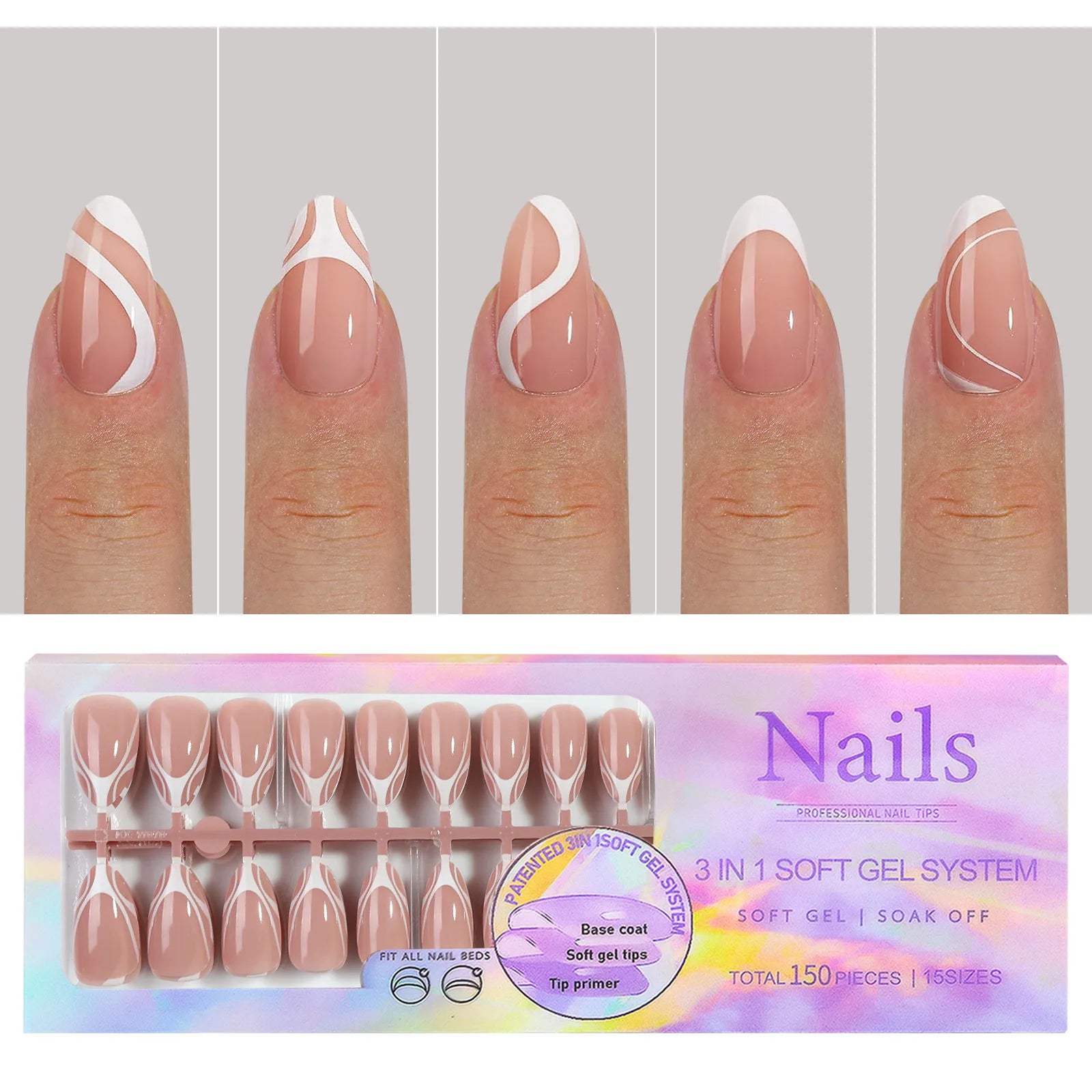 French Tip Soft Gel Nail Tips — 150 Piece DIY Press On Set