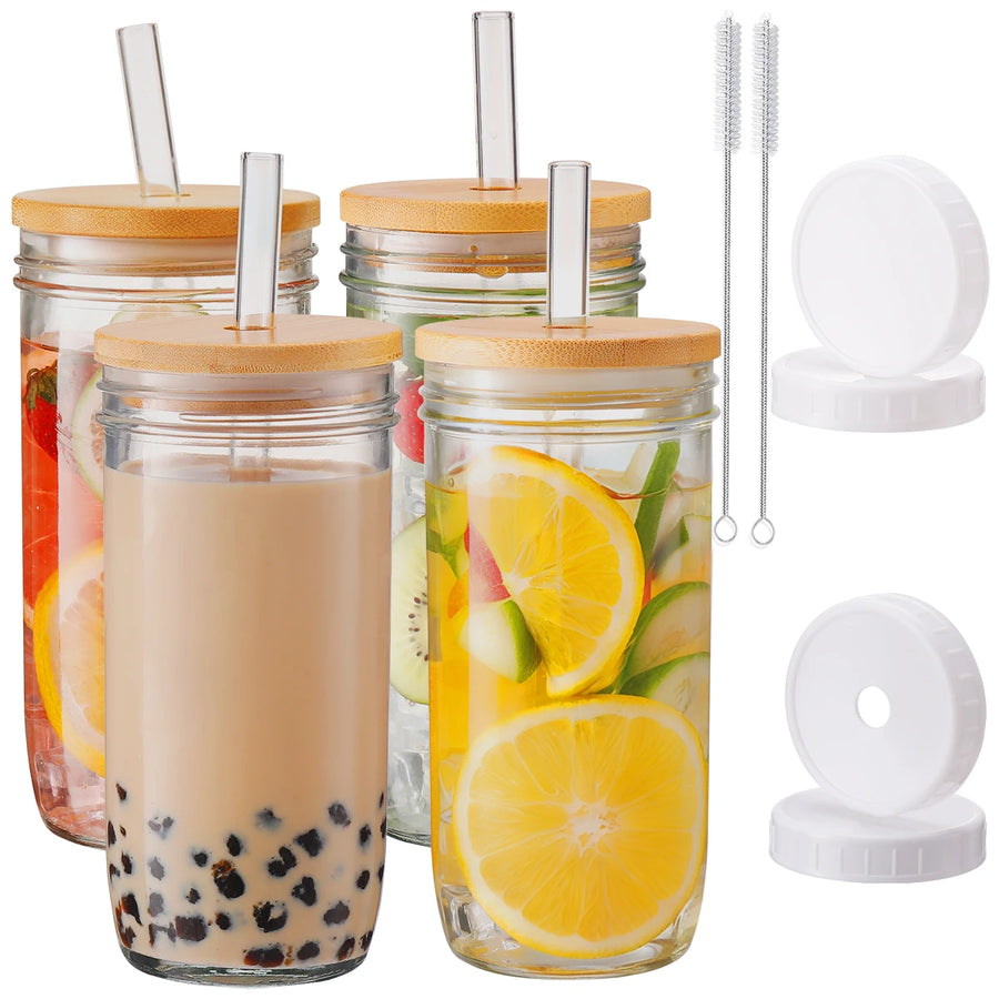 Wide Mouth Boba Glass Cup Set — Reusable Mason Jar with Straws & Lids