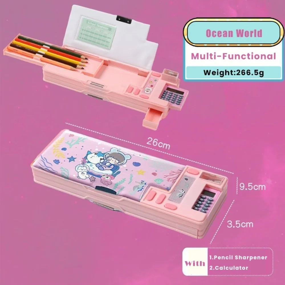 Double Layer Pencil Case — Multi-Functional Stationery Organizer with Calculator