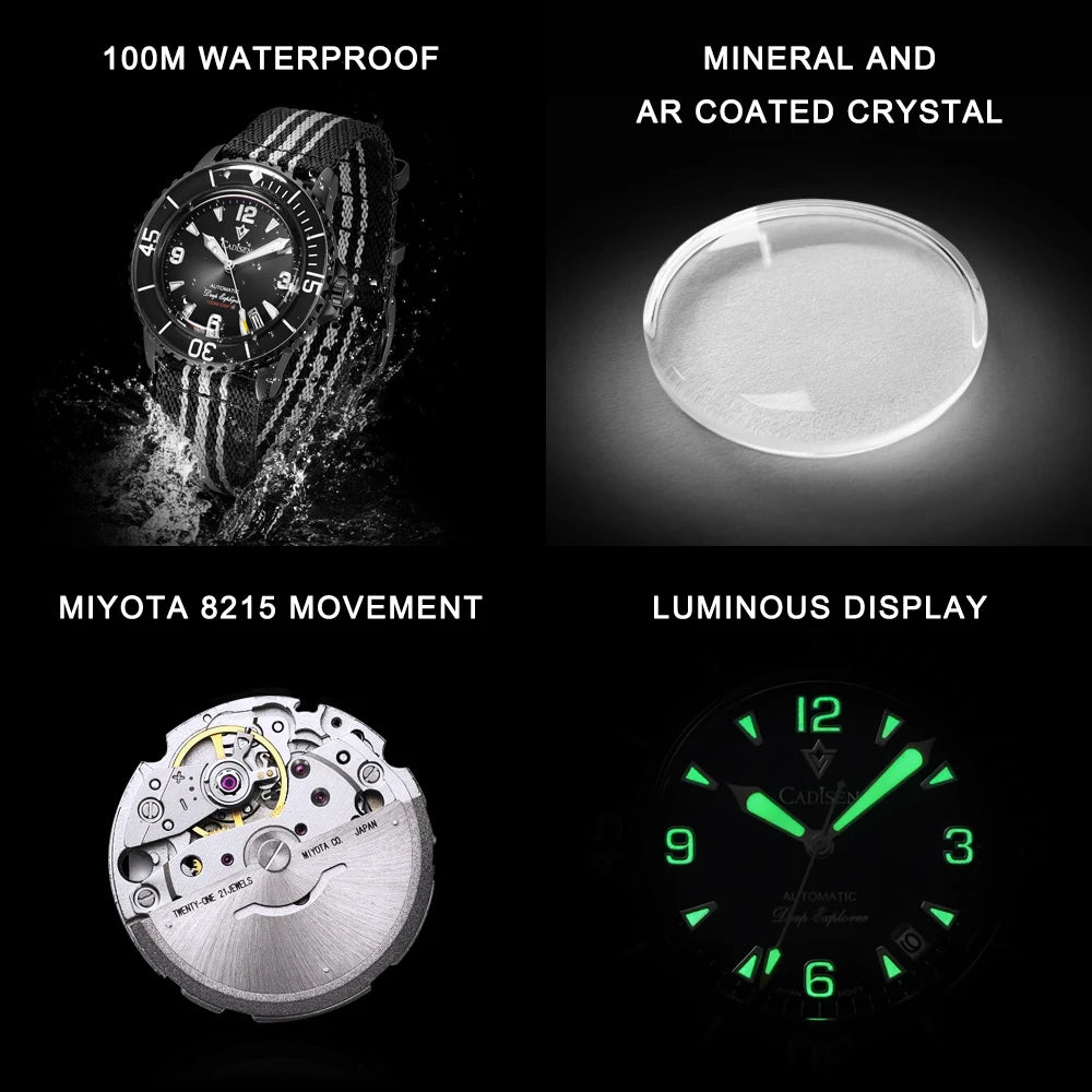 Cadisen Deep Explorer Automatic Watch — Luxury Mechanical Diver with Canvas Strap
