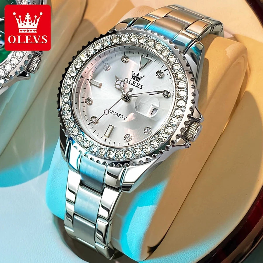 OLEVS Diamond Dial Quartz Watch — Elegant Stainless Steel Ladies Wristwatch