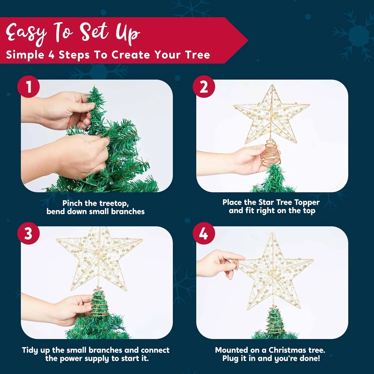 Golden Metal Beaded Star Tree Topper — LED Warm White Lights & Remote Control