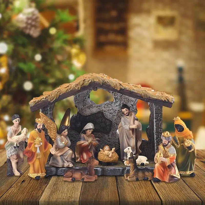 12-Piece Resin Nativity Scene Set — Hand-Painted Manger Tabletop Decor