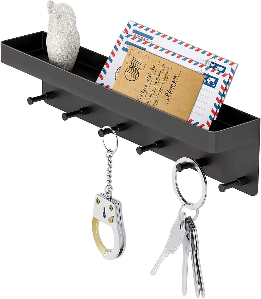 Wall Mount Key Holder — Adhesive Organizer with Mail Tray and 6 Hooks