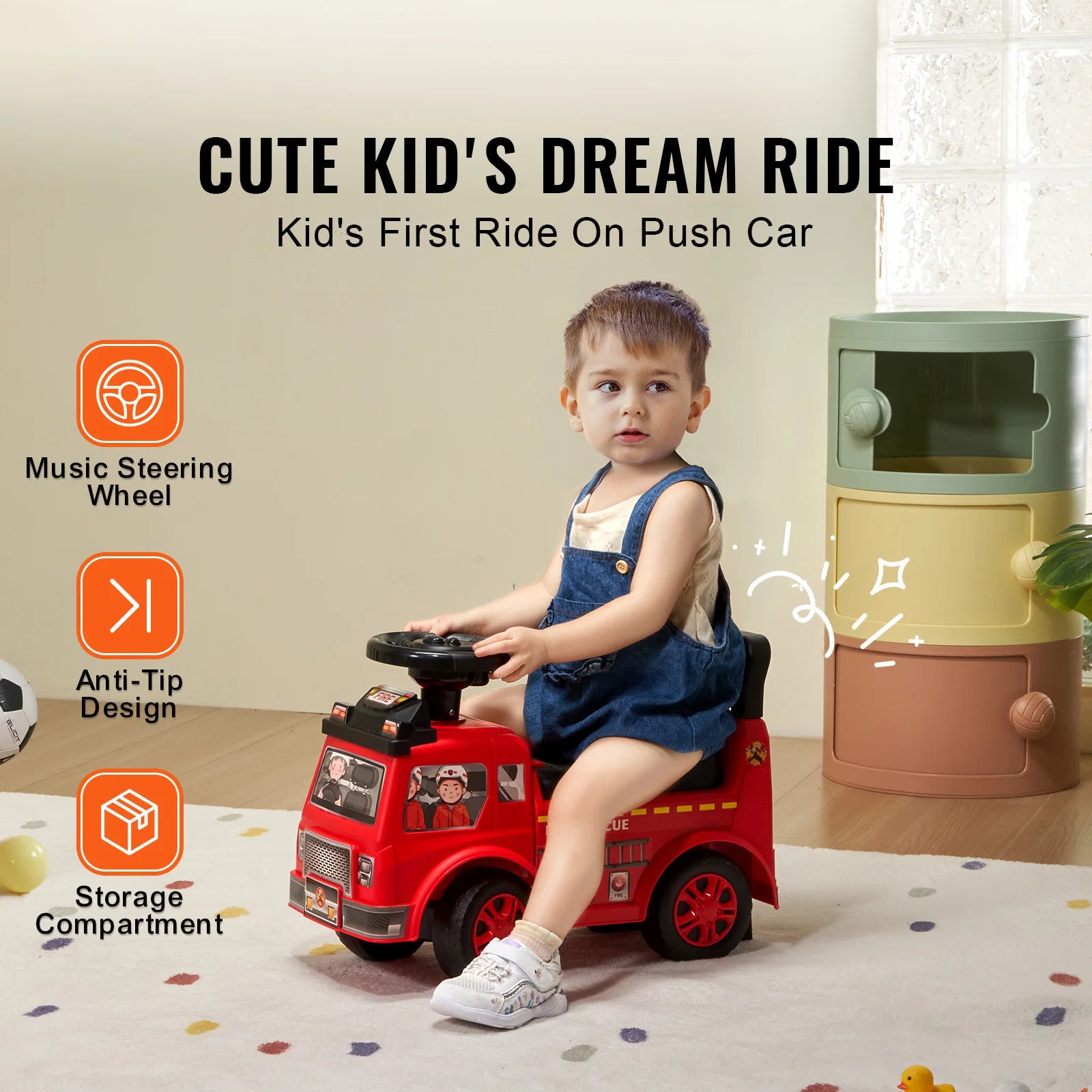 SucceBuy Ride On Push Car — Musical Steering Wheel & Under Seat Storage