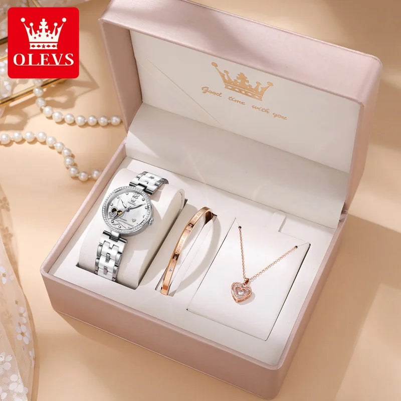 OLEVS 7086 Women's Luxury Watch — Automatic Mechanical Rose Ceramic